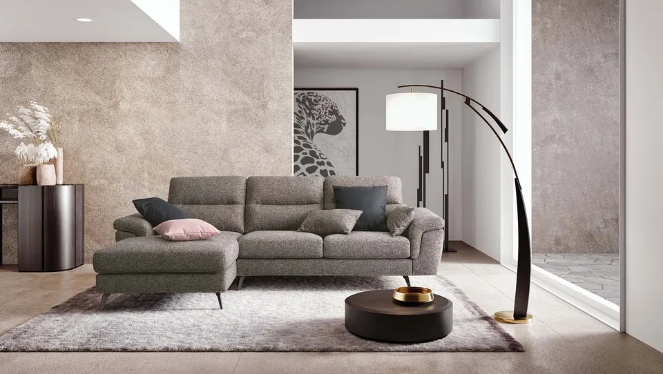 ספה פינתית Cupido של LeComfort באפור עם שזלונג ומשענות יד מעוגלות