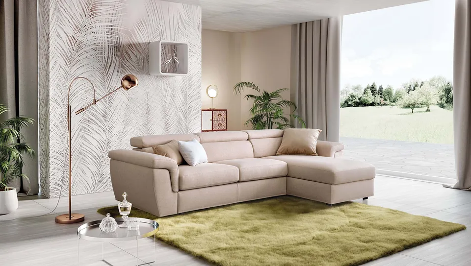 ספה פינתית Pieris של LeComfort בגוון שמנת עם משענות ראש ותא אחסון