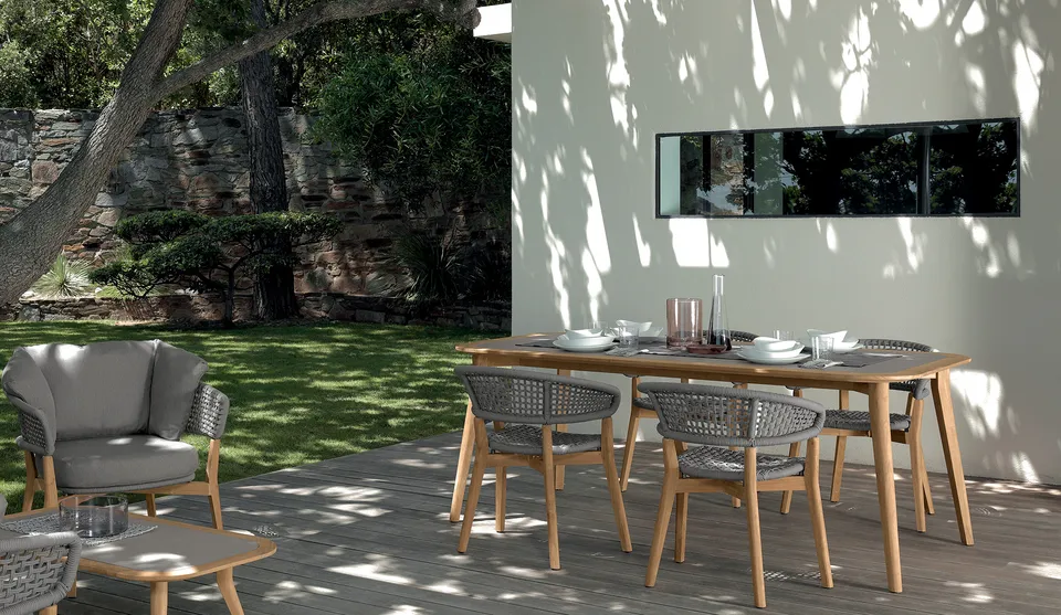 שולחן אוכל Moon//Teak 200×100 של Talenti עם מסגרת טיק ומשטח אפור